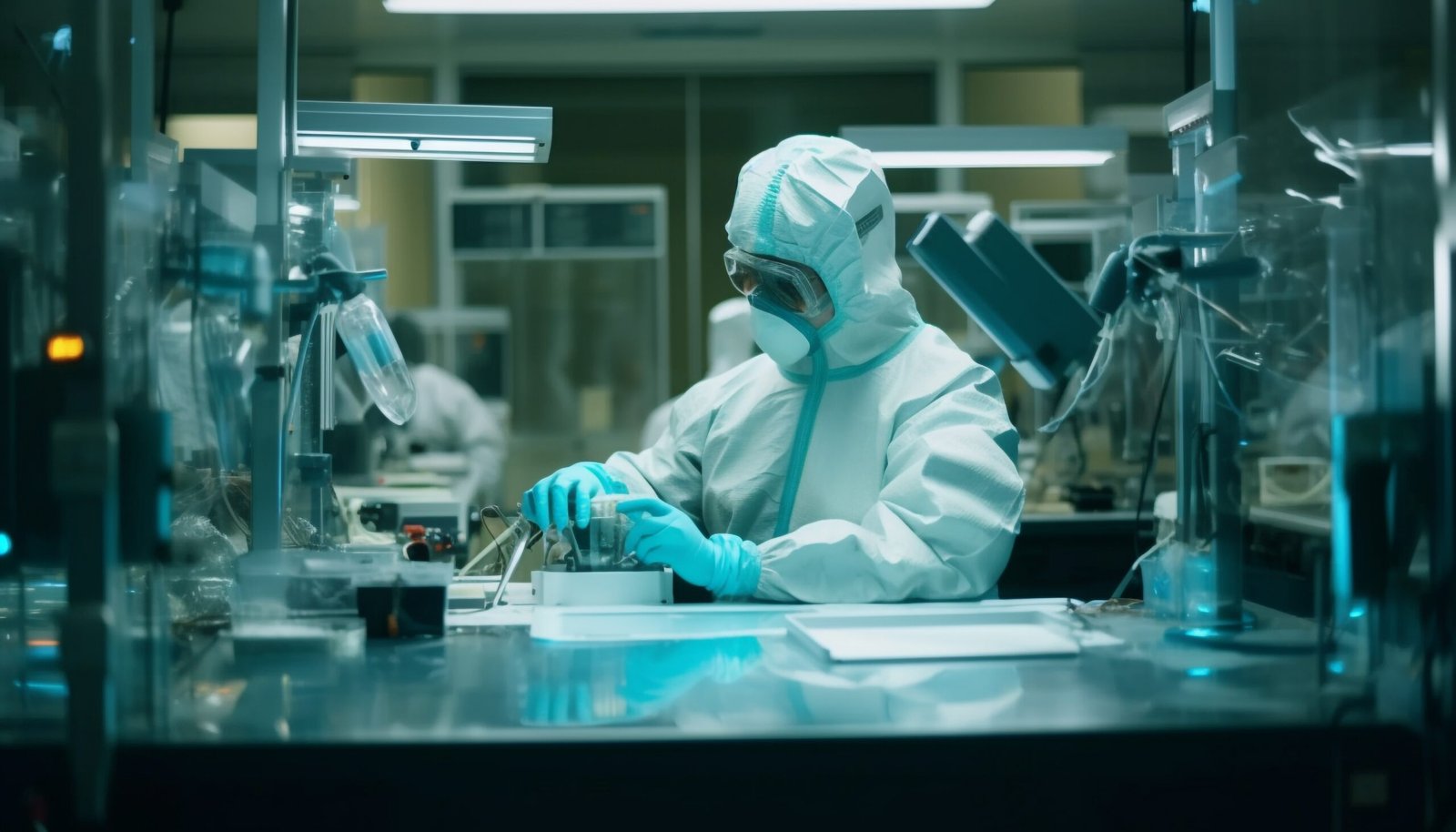 Scientist analyzing liquid, using protective equipment indoors generated by artificial intelligence